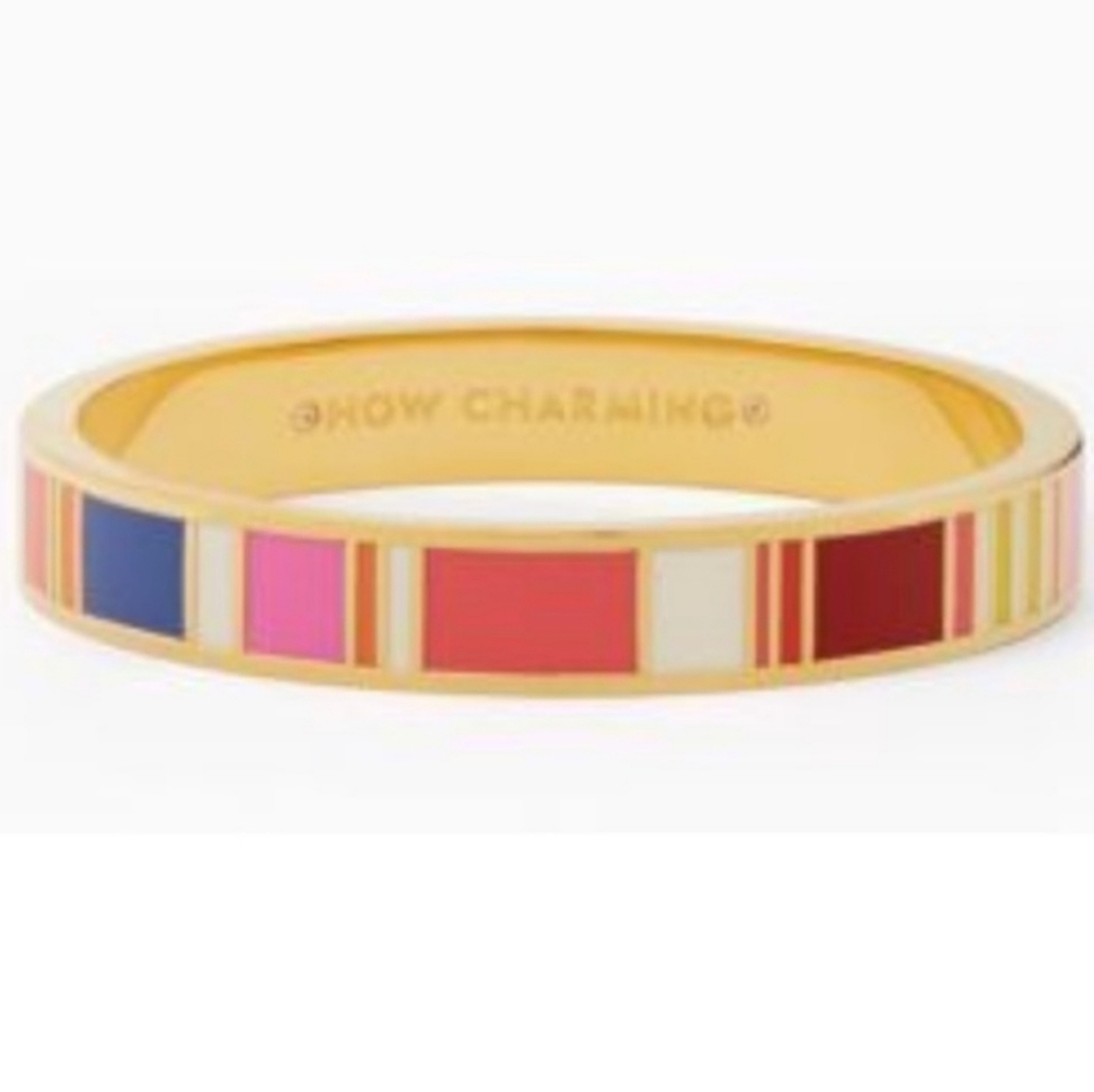 kate spade Idiom Bangle Bracelet How Charming 12K Gold Plate Hinged Stripes NWT